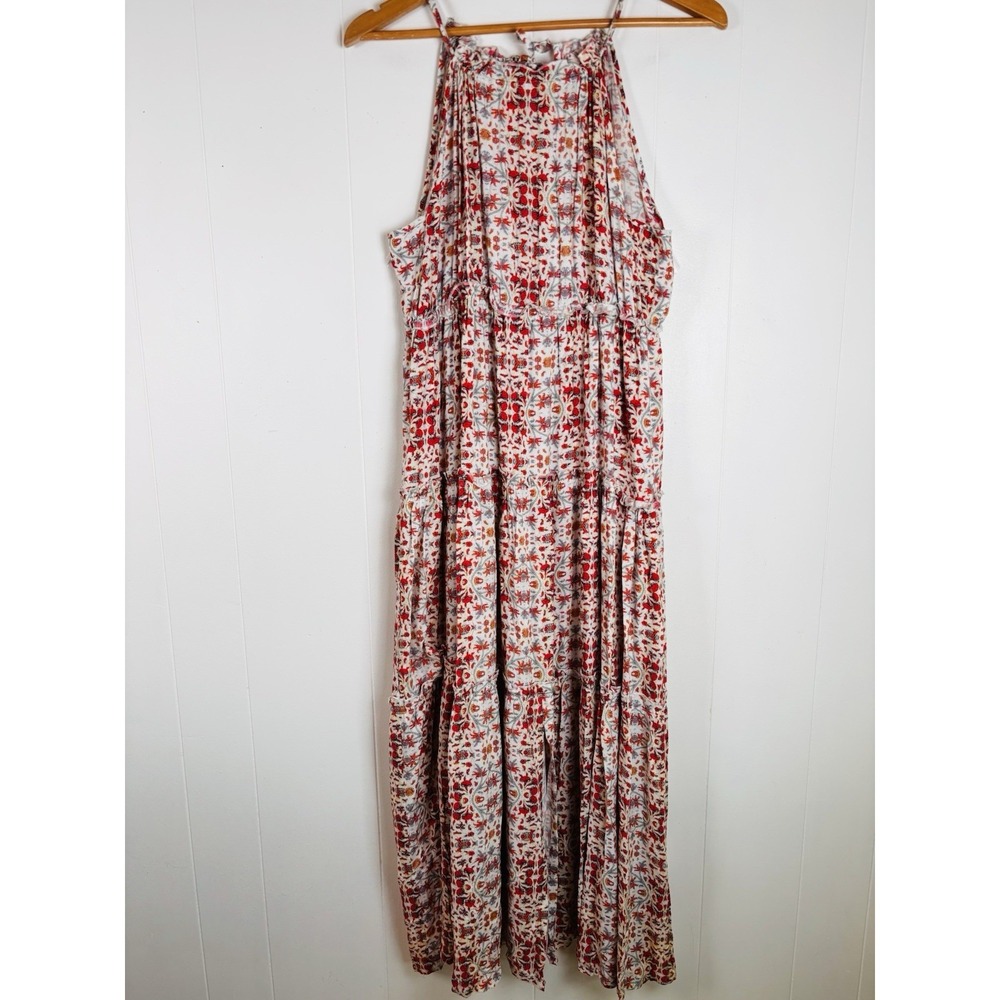 Nanette Lepore Size 10 Boho Floral Print Sleeveless Tiered Maxi Dress Rayon Knit